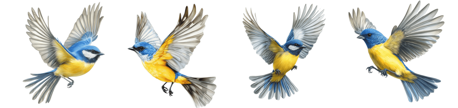 Four Blue Yellow Birds In Flight Wings Spread. cut out png