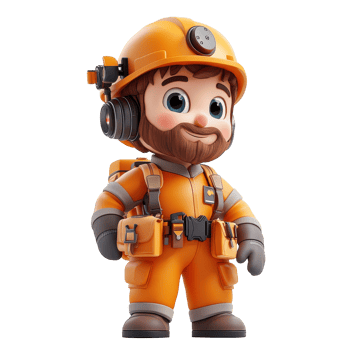Cartoon character dressed as a miner in an orange suit with safety gear and a cheerful expression isolated on transparent background. png