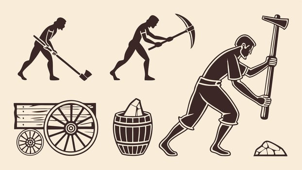 Flat icons illustrating ancient tools including hand axes, pottery, papyrus, and carts in silhouette style vector