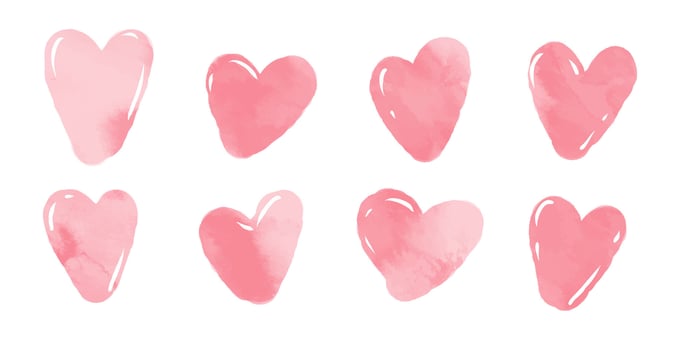 A set of pink watercolor hearts. Textured illustrations inspired by love and relationships, perfect for Mother's Day, celebrating lovers, and expressing friendship. vector