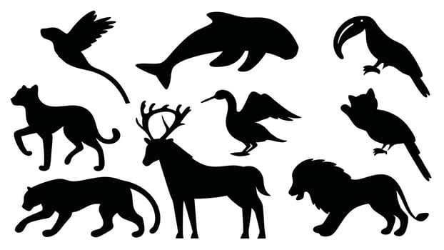 Flat icons depicting animal behaviors, including hunting lions, jumping dolphins, and grazing scenes vector