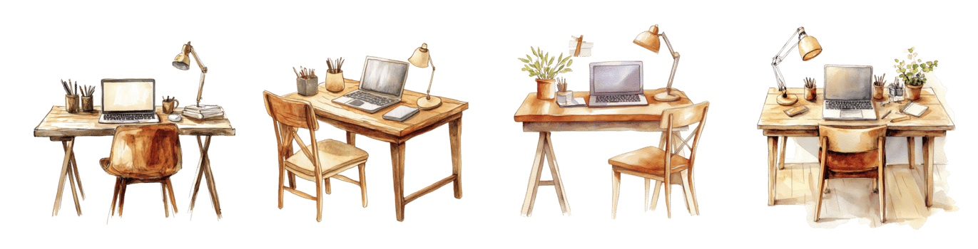 Watercolor Illustration of Four Cozy Workspaces png