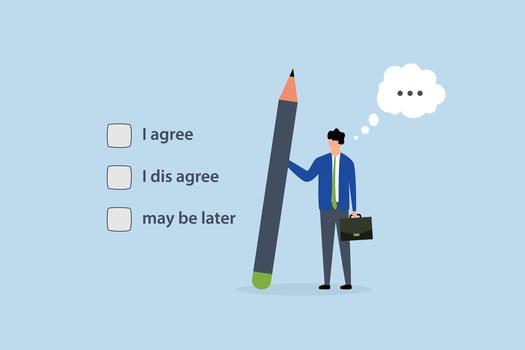 Consent document to choose, entrepreneur grasping pencil chooses to consent to inquiry. vector