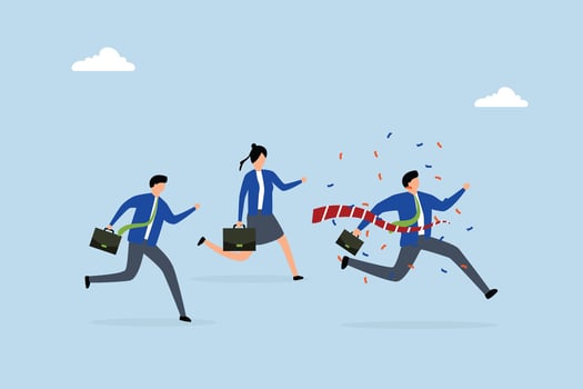 Businessman winning race celebrate victory at finish line vector