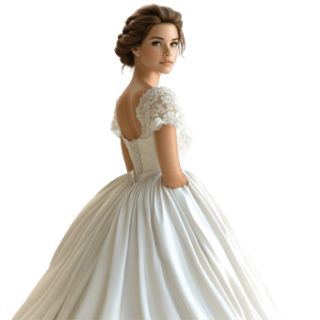 Elegant young woman in a stunning white gown poses gracefully against a simple background isolated on transparent background. png