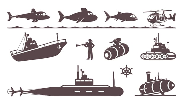 Flat Icons Silhouettes of Underwater Technology Featuring Submarines, Sonar, and Drones vector
