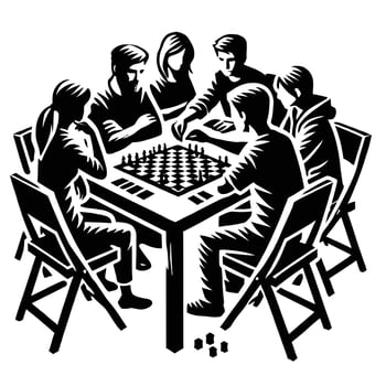 A black and white illustration of people playing chess vector