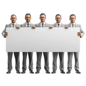 Five men in gray suits holding a blank white sign for a business presentation in a corporate setting isolated on transparent background. png