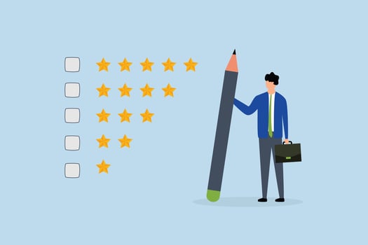satisfaction feedback, considerate entrepreneur gripping pencil to assess star reviews. vector