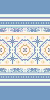 Magnificent Majolica illustration Weaves Embroidery Blue,Orange Ornament on Beige Background. Seamless Pattern Fancy Fleur de lis Geometric Design for Elegant textile design, Bed sheet, Silk Print, vector