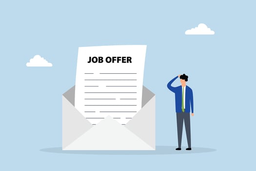 Job offer, entrepreneur applicant considering to accept employment proposal email envelope. vector