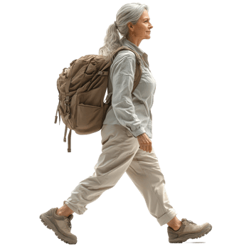 Senior woman hiking on a nature trail with a backpack during a sunny day in the summer isolated on transparent background. png