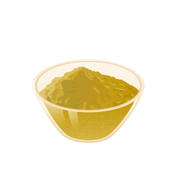 Green spice in bowl in flat design. Aromatic condiment, bay leaf or matcha powder. illustration isolated. vector
