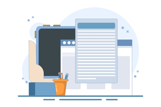 Concept Writing online text document content on desktop computer or creating essay or book on PC, writing script or editing web text file, reading blog article ideas. Flat design illustration. vector