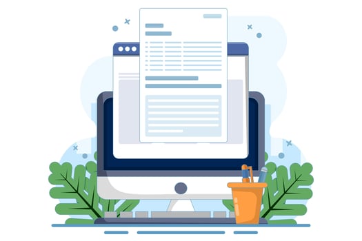 Concept Writing online text document content on desktop computer or creating essay or book on PC, writing script or editing web text file, reading blog article idea. flat cartoon illustration. vector