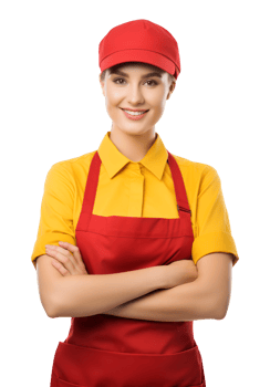 Happy Female Fast Food Worker Wearing Red Apron and Yellow Shirt Isolated on Transparent Background png