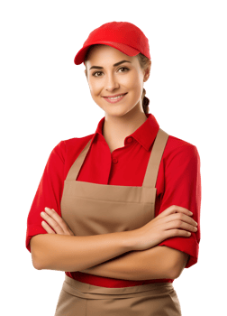 Happy Female Fast Food Worker Wearing Brown Apron and Red Shirt Isolated on Transparent Background png