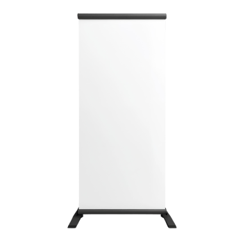 A blank retractable banner stand displays a white canvas png