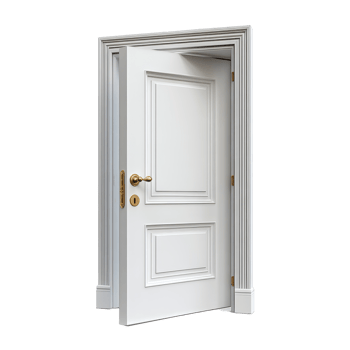 Elegant white door in a modern interior setting showcasing intricate design and classic hardware isolated on transparent background. png