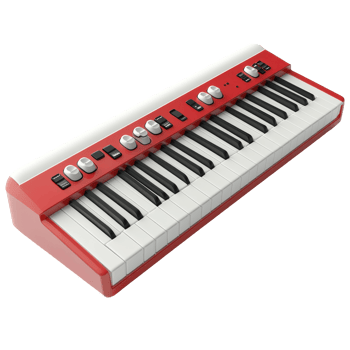 Compact red keyboard showcasing electronic music capabilities and unique design suitable for amateur and professional use isolated on transparent background. png