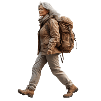 Woman hiking in natural environment with a large backpack during daylight hours isolated on transparent background. png
