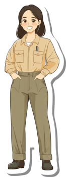 A smiling female worker in khaki uniform pants and shirt png
