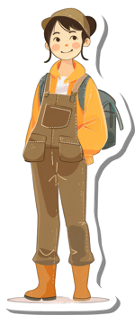 A young girl wearing overalls and a backpack stands smiling png