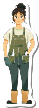 A sticker of a woman wearing overalls and holding a pair of gloves png