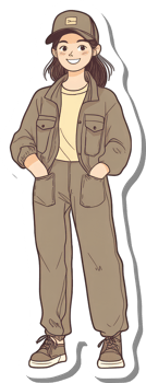 A Girl Wearing Casual Outfit Brown Jacket Pants Cap png