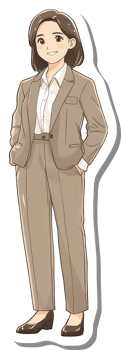 A smiling woman in a beige pantsuit stands confidently png