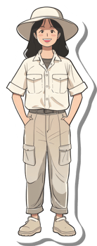 A smiling girl wears khaki pants and a safari shirt png