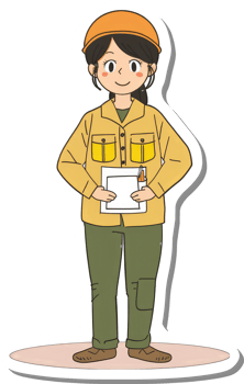 A female construction worker holds paperwork and pencils png