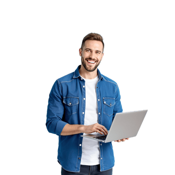 A man in a blue shirt is holding a laptop png