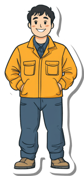A cartoon man in a yellow jacket and blue jeans png