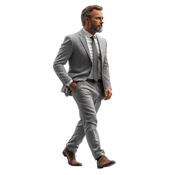 Elegant man in a tailored gray suit walking confidently on a plain background during a bright day isolated on transparent background. png