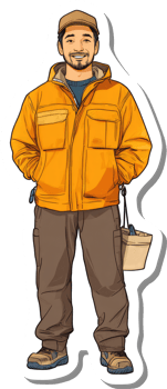 A cartoon man in an orange jacket and brown pants png
