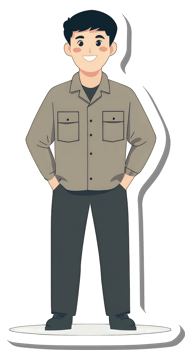 A man in a shirt and pants standing on a white background png