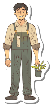 A sticker of a man holding a plant png