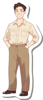 A smiling man in a tan shirt and trousers png