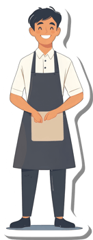A cartoon man in an apron holding a piece of paper png
