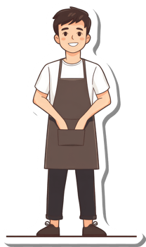 A cartoon man in an apron holding his hands in his pockets png