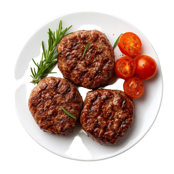 Delicious beef cutlet dish served on a transparent plate with fresh tomatoes and rosemary garnish, beef cutlet dish isolated on transparent background png