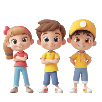 Fun cartoon children standing together with colorful outfits on a bright background, 3d cartoon of little childrenisolated transparent background png