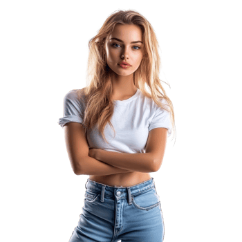 A young woman stands confidently in jeans and a transparent top against a bright transparent background, young pretty woman in jeans isolated on transparent background png