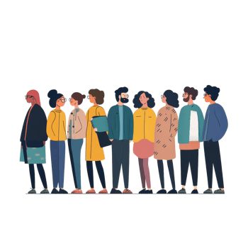 Diverse group of people standing in a row, patiently waiting in a bright space with natural lighting, Diverse people standing and waiting png