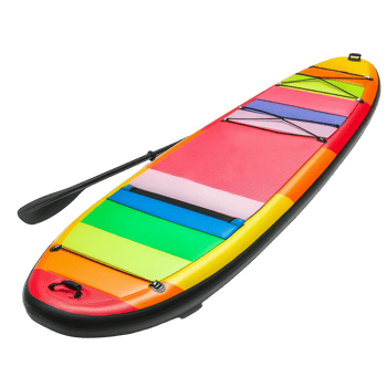 Vibrant paddle board with striped colors resting on a transparent background, showcasing the perfect design for water activities, Colorful paddle board isolated on transparent background png