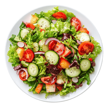 Fresh garden salad served on a transparent plate with vibrant vegetables prepared for a healthy meal, salad in plate isolated on transparent background png
