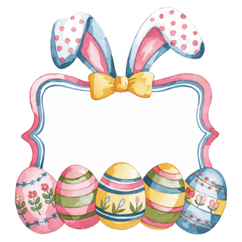 Easter eggs are arranged in front of a decorative frame with bunny ears and a bow. png
