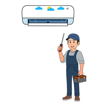 Cartoon Man Technician Fix Air Condition With Holding Screwdriver and Toolbox Vectors Illustration