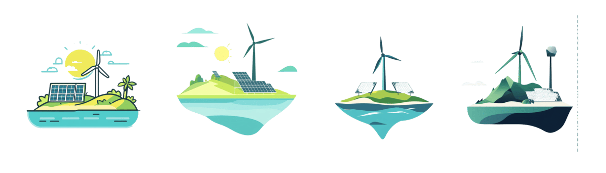 Sustainable Energy Islands Featuring Wind Turbines and Solar Panels png
